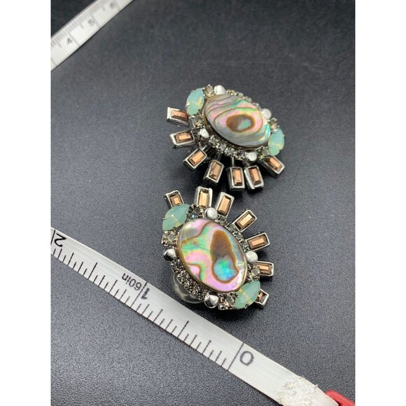 Signed Elizabeth Cole Clip Earrings Mother of Pearl Rhinestones Costume Jewelry - Picture 6 of 6